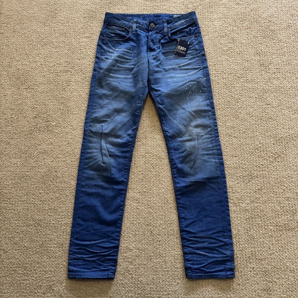 G-Star Raw Jeans 3301 Low Tapered Mens Size 28 Blue Denim NWT Paint Splatter